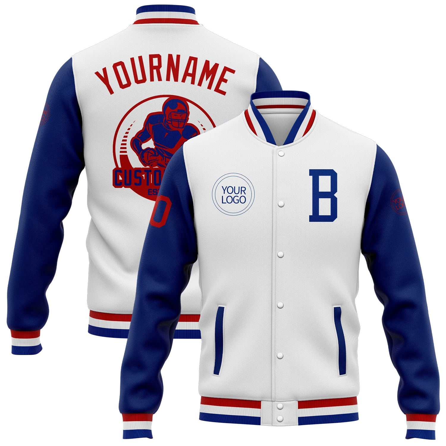 Custom White Royal-Red Bomber Full-Snap Varsity Letterman Two Tone Jacket