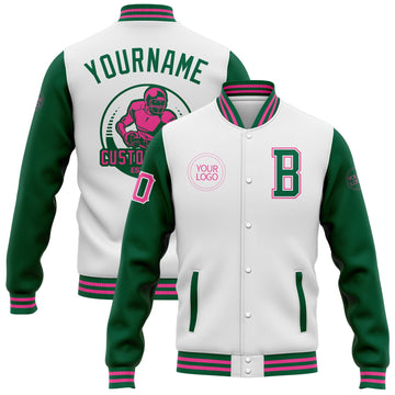 Custom White Kelly Green-Pink Bomber Full-Snap Varsity Letterman Two Tone Jacket