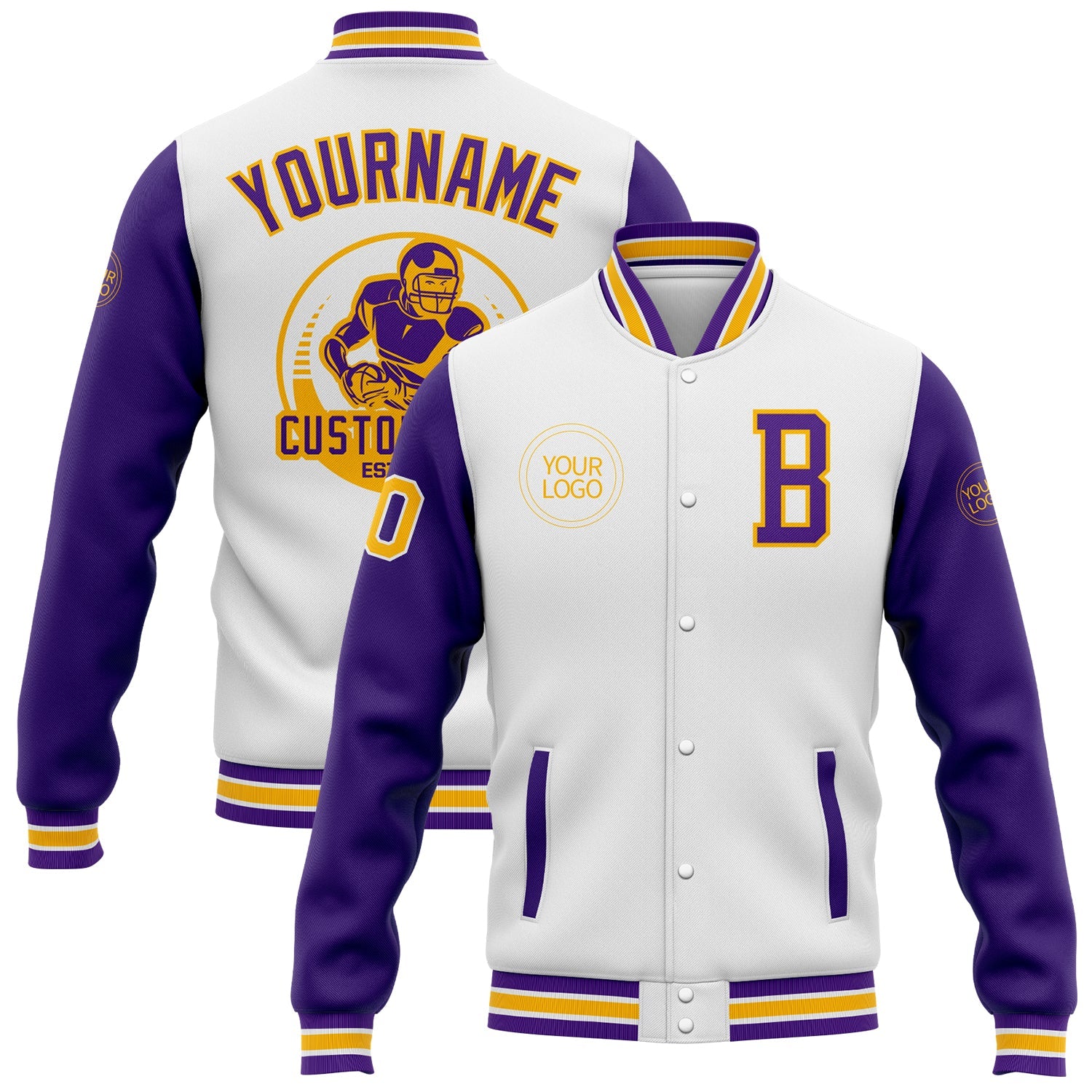 Custom White Purple-Gold Bomber Full-Snap Varsity Letterman Two Tone Jacket