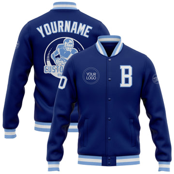 Custom Royal White-Light Blue Bomber Full-Snap Varsity Letterman Jacket