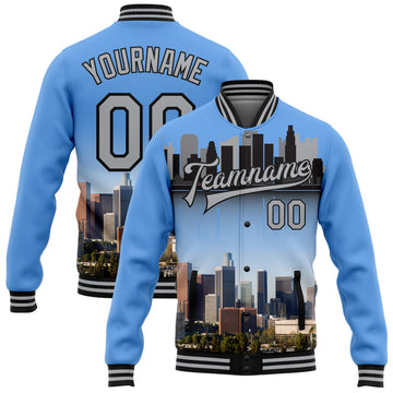 Custom Electric Blue Gray-Black Los Angeles California City Edition 3D Bomber Full-Snap Varsity Letterman Jacket