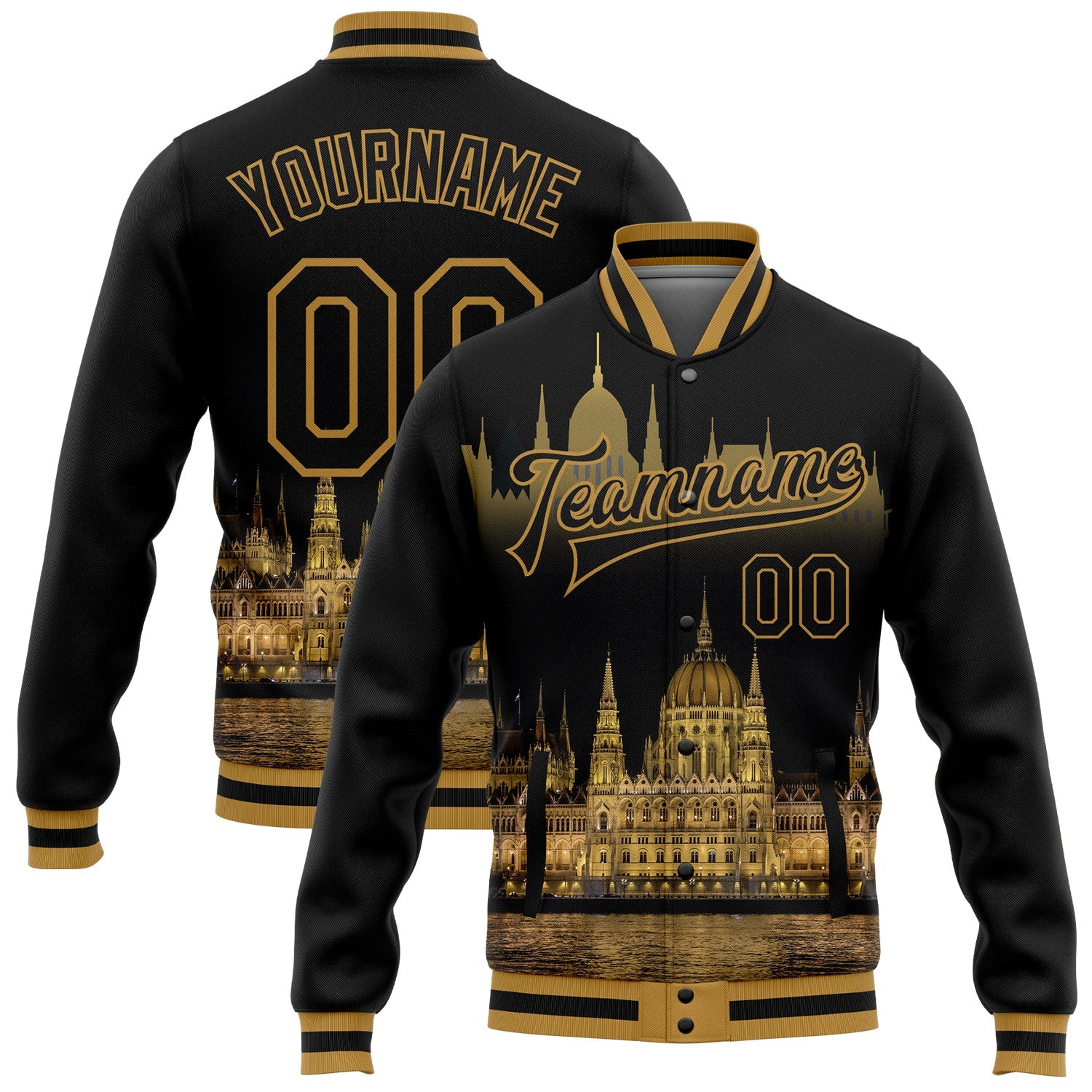 Custom Black Old Gold Parliament Building Budapest Hungary City Edition 3D Bomber Full-Snap Varsity Letterman Jacket