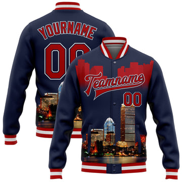 Custom Navy Red-White Boston Massachusetts City Edition 3D Bomber Full-Snap Varsity Letterman Jacket