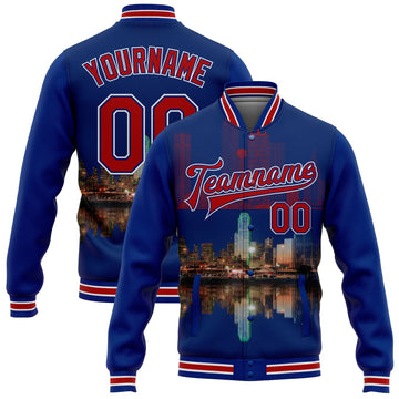 Custom Royal Red-White Dallas Texas City Edition 3D Bomber Full-Snap Varsity Letterman Jacket