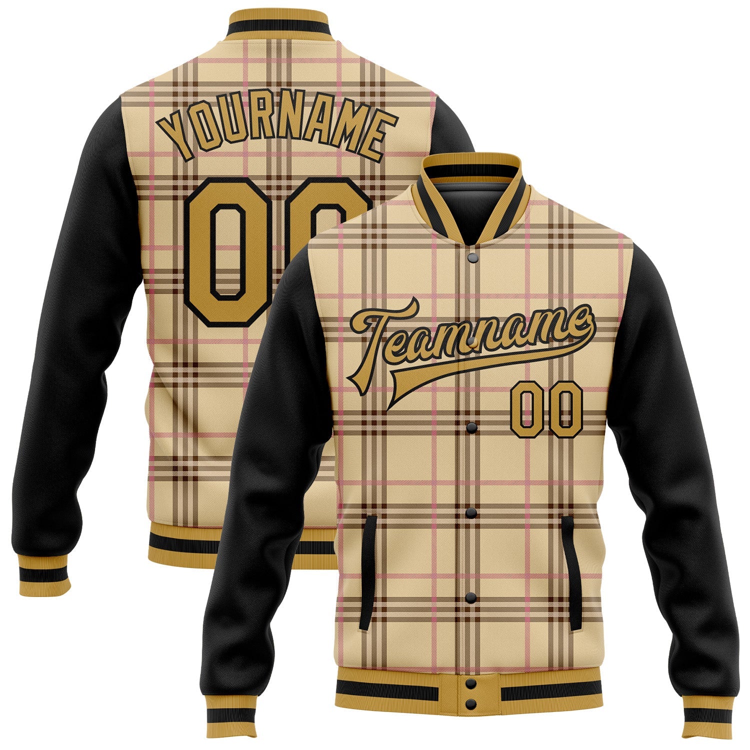 Custom City Cream Old Gold Black-Light Pink Check Board 3D Pattern Design Bomber Full-Snap Varsity Letterman Jacket