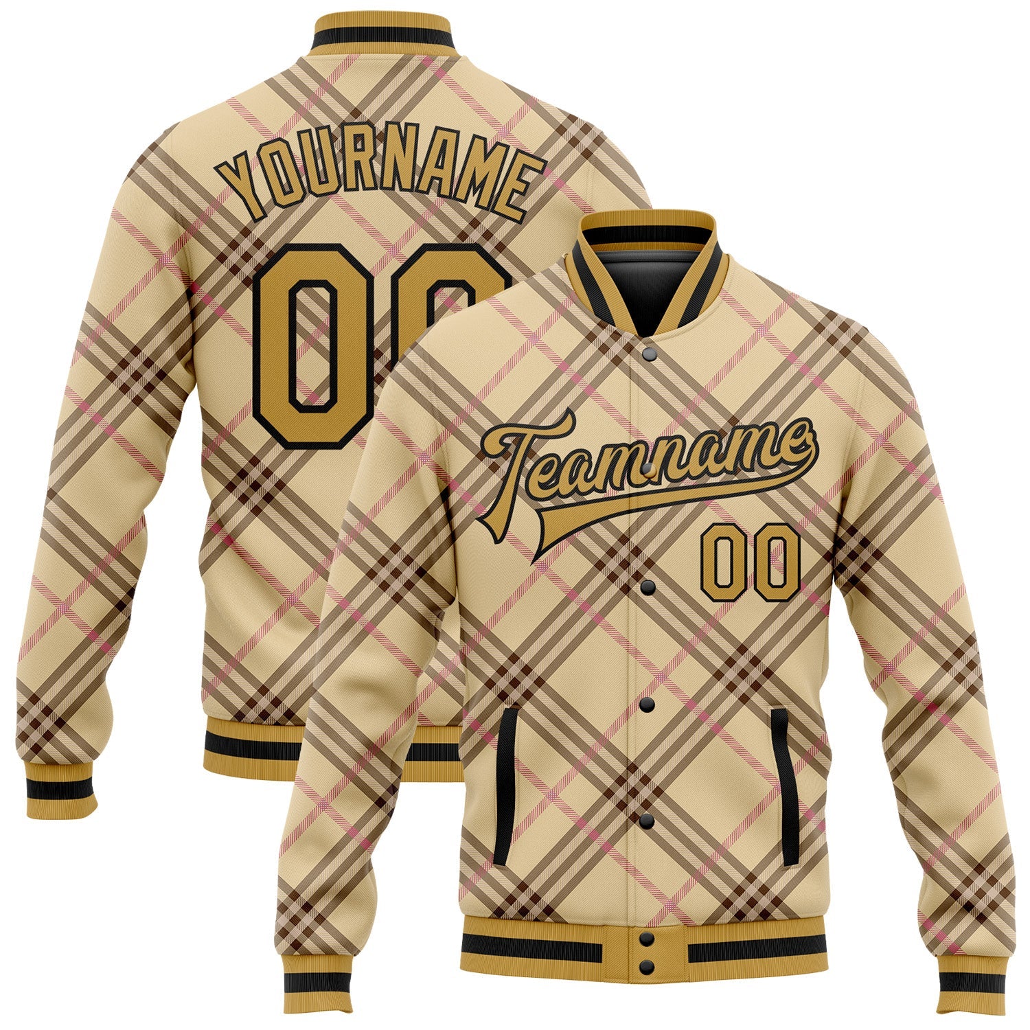 Custom City Cream Old Gold Black-Light Pink Check Board 3D Pattern Design Bomber Full-Snap Varsity Letterman Jacket