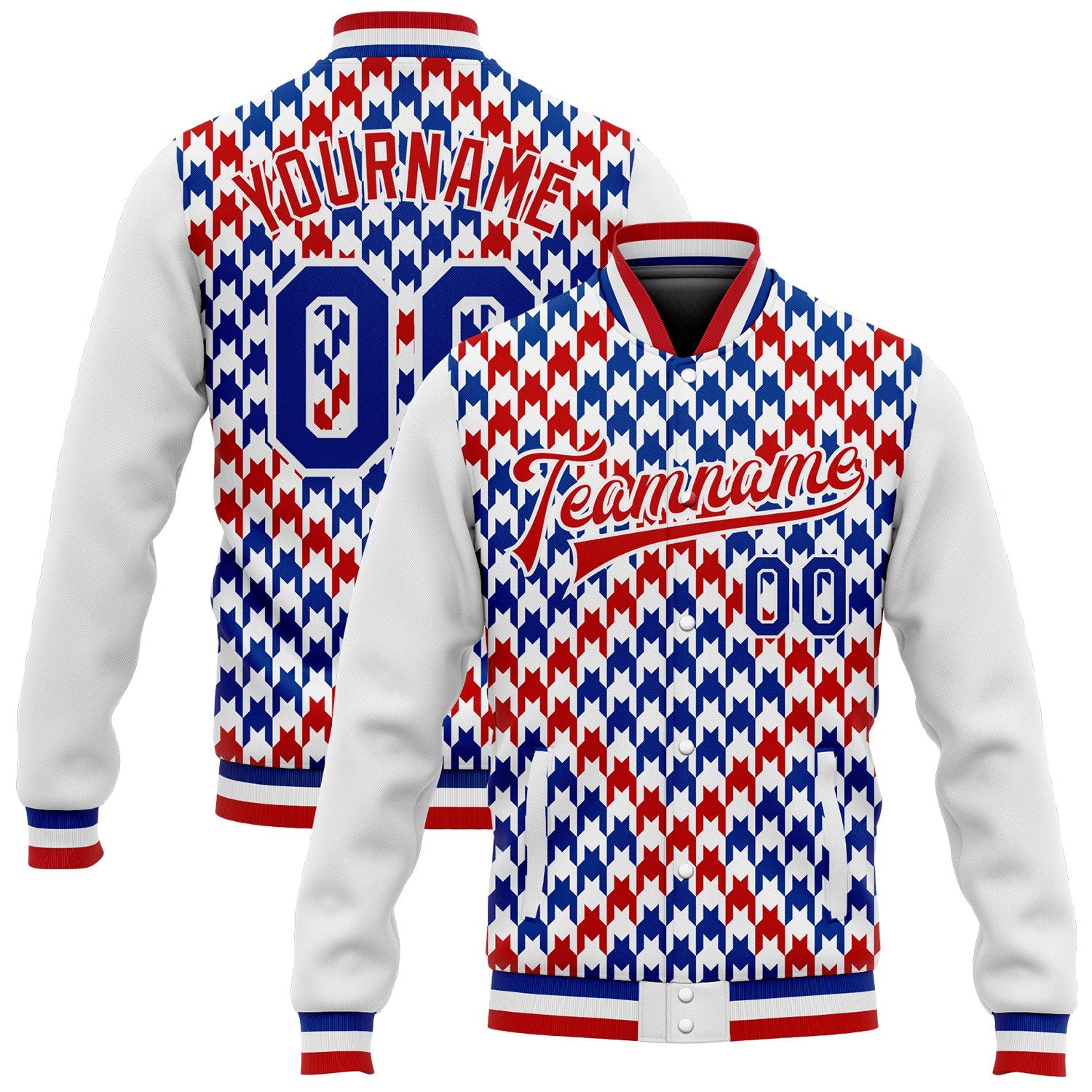 Custom White Royal-Red Check Board 3D Pattern Design Bomber Full-Snap Varsity Letterman Jacket