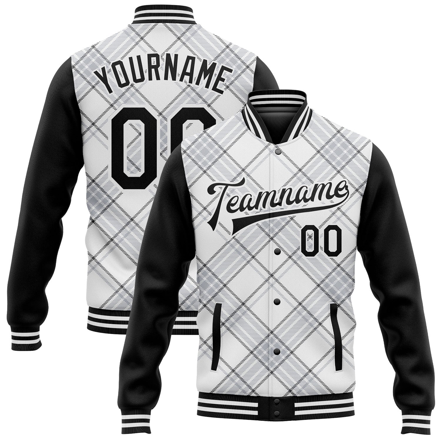 Custom White Black Check Board 3D Pattern Design Bomber Full-Snap Varsity Letterman Jacket