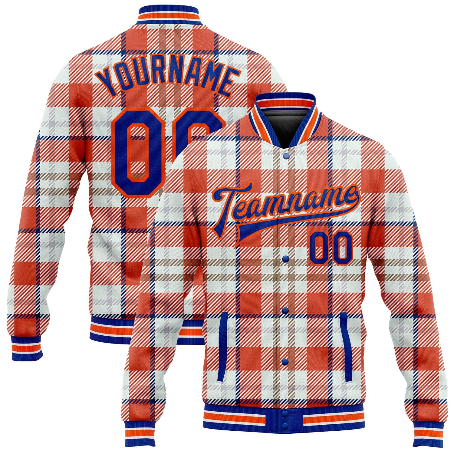 Custom Orange Royal-White Check Board 3D Pattern Design Bomber Full-Snap Varsity Letterman Jacket