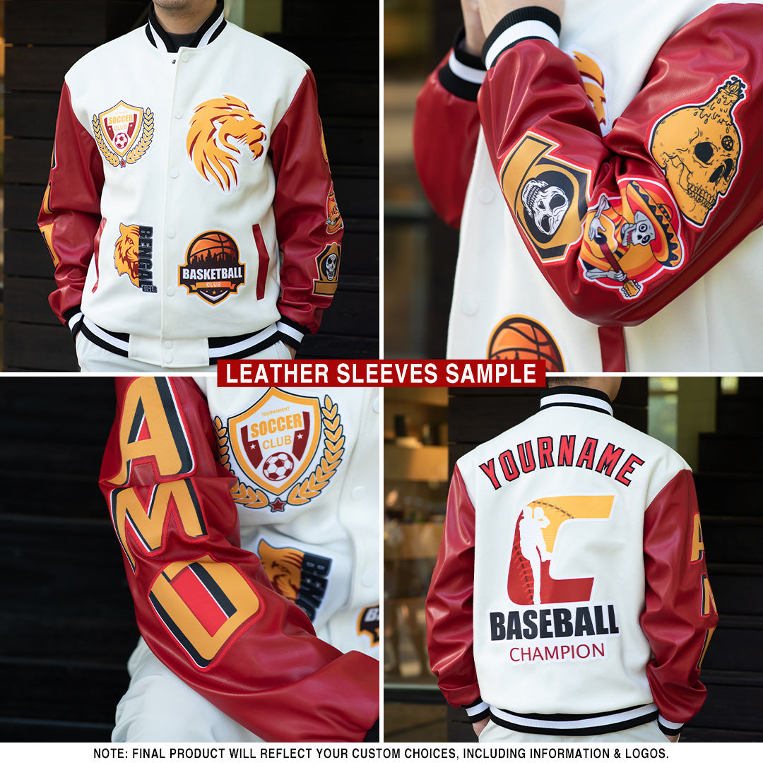 Custom Crimson Cream Black-City Cream Classic Western Plaid 3D Pattern Design Bomber Full-Snap Varsity Letterman Jacket