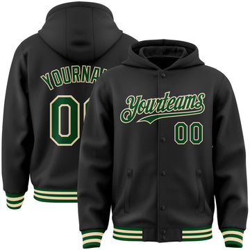 Custom Black Green-Cream Bomber Full-Snap Varsity Letterman Hoodie Jacket