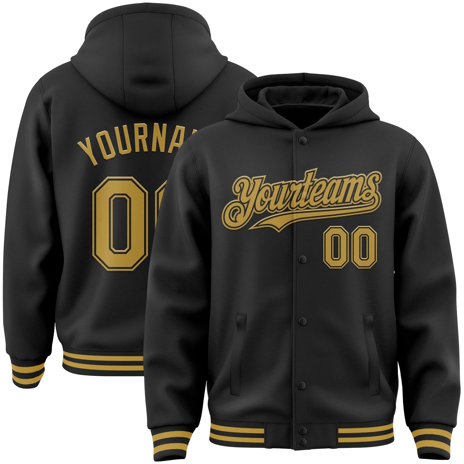 Custom Black Old Gold Bomber Full-Snap Varsity Letterman Hoodie Jacket