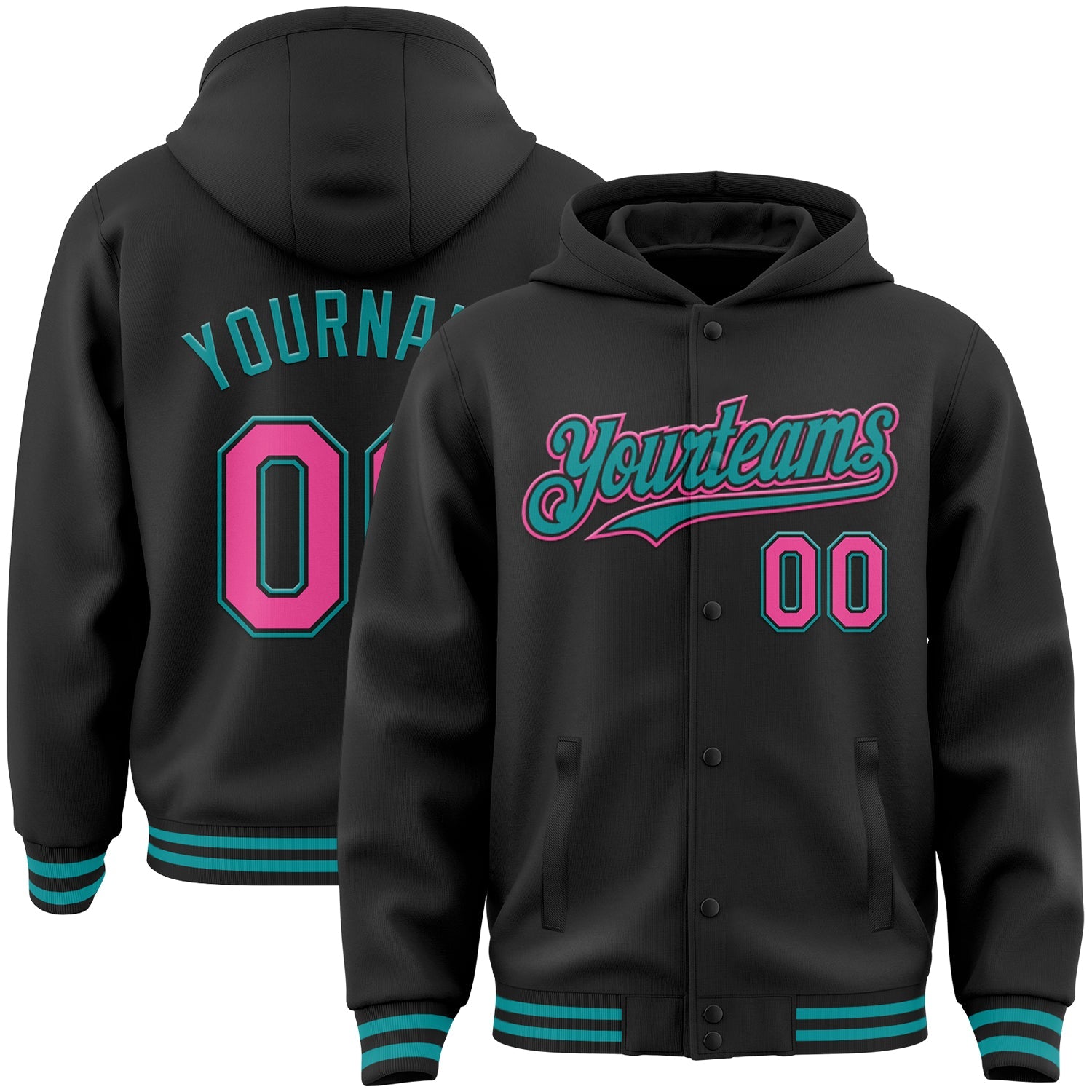 Custom Black Pink-Teal Bomber Full-Snap Varsity Letterman Hoodie Jacket