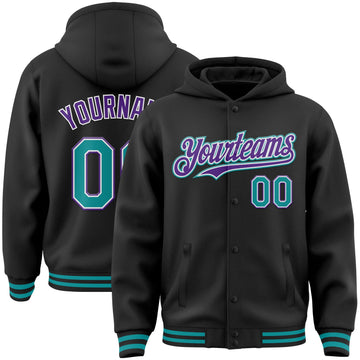 Custom Black Teal-Purple Bomber Full-Snap Varsity Letterman Hoodie Jacket