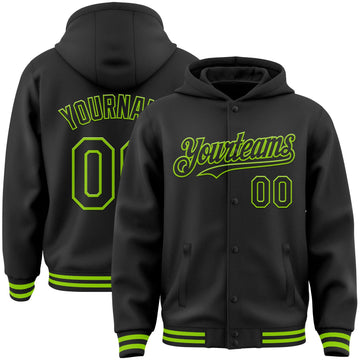 Custom Black Neon Green Bomber Full-Snap Varsity Letterman Hoodie Jacket