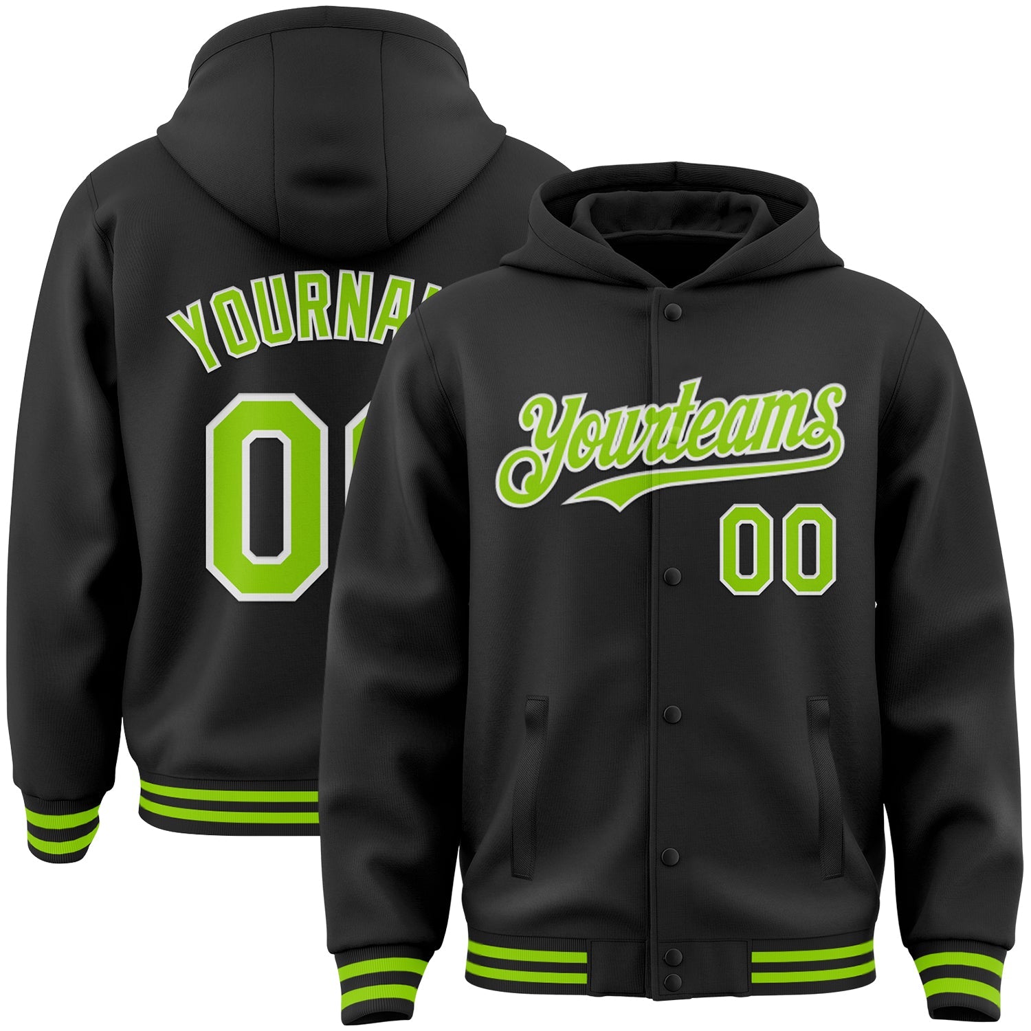 Custom Black Neon Green-White Bomber Full-Snap Varsity Letterman Hoodie Jacket