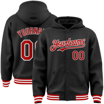 Custom Black Red-White Bomber Full-Snap Varsity Letterman Hoodie Jacket