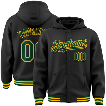 Custom Black Green-Gold Bomber Full-Snap Varsity Letterman Hoodie Jacket