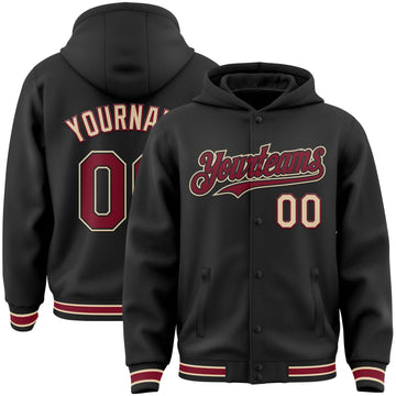 Custom Black Crimson-City Cream Bomber Full-Snap Varsity Letterman Hoodie Jacket