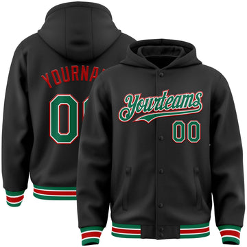 Custom Black Kelly Green-Red Bomber Full-Snap Varsity Letterman Hoodie Jacket