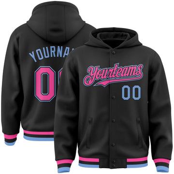 Custom Black Pink-Light Blue Bomber Full-Snap Varsity Letterman Hoodie Jacket