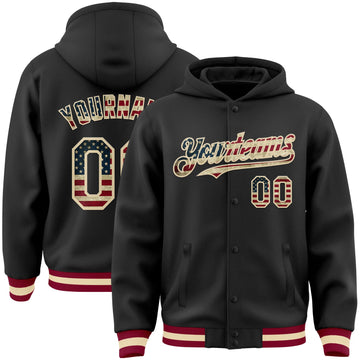 Custom Black Vintage USA Flag Cream-Maroon Bomber Full-Snap Varsity Letterman Hoodie Jacket