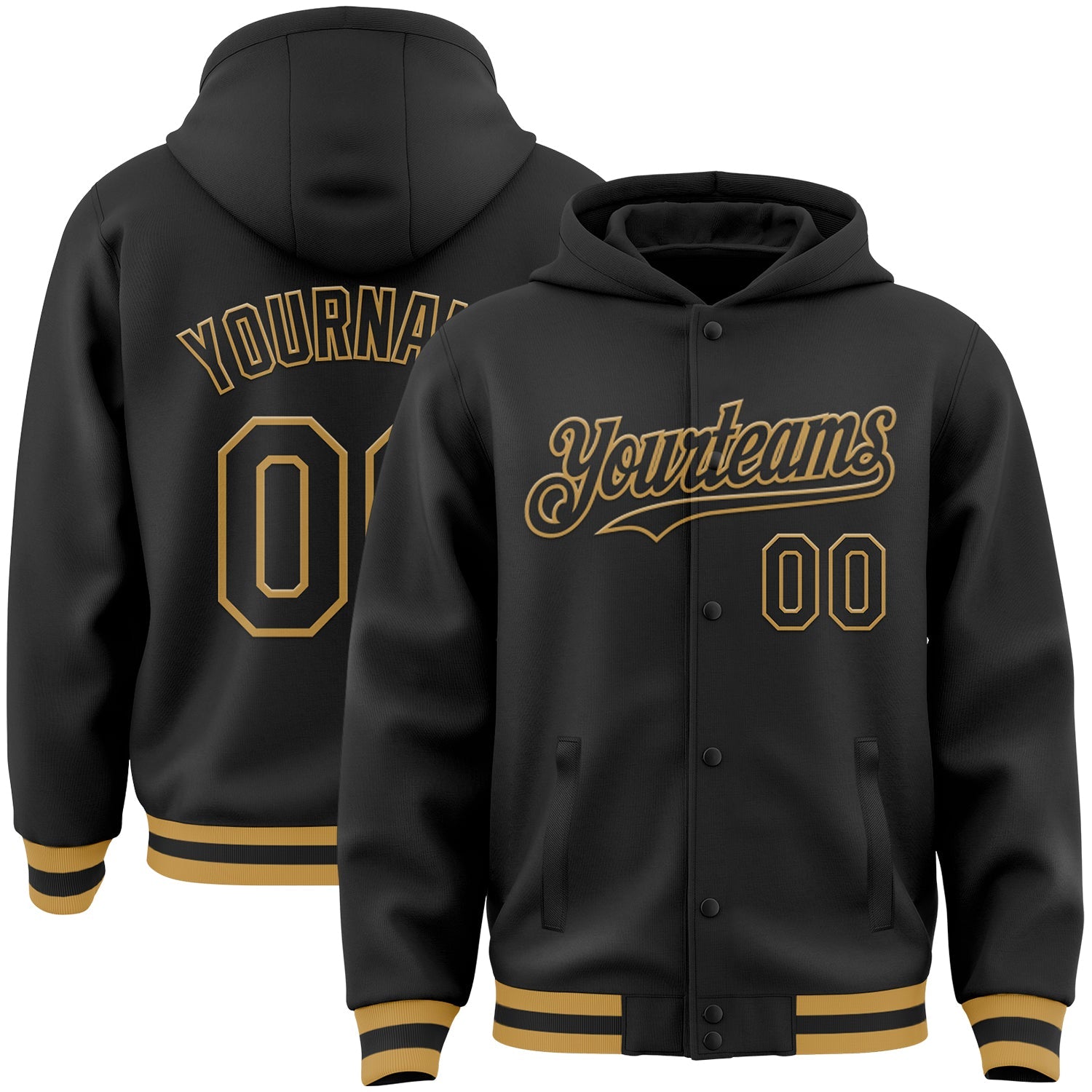 Custom Black Old Gold Bomber Full-Snap Varsity Letterman Hoodie Jacket