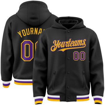 Custom Black Purple-Gold Bomber Full-Snap Varsity Letterman Hoodie Jacket