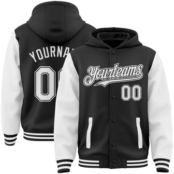 Custom Black White Bomber Full-Snap Varsity Letterman Two Tone Hoodie Jacket