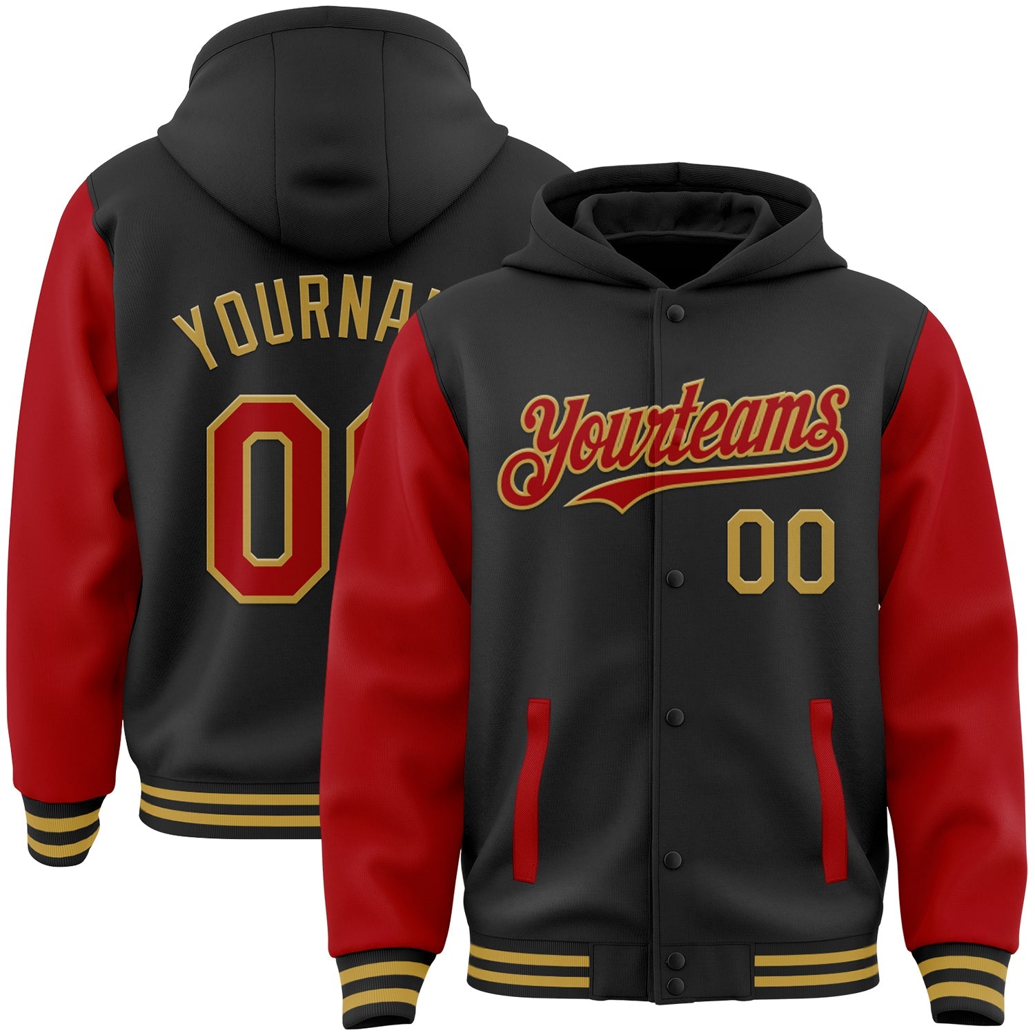 Custom Black Red-Old Gold Bomber Full-Snap Varsity Letterman Two Tone Hoodie Jacket