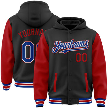 Custom Black Royal-Red Bomber Full-Snap Varsity Letterman Two Tone Hoodie Jacket