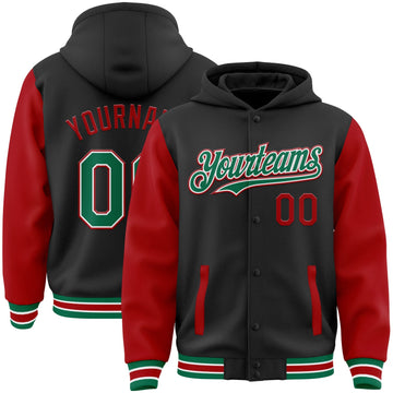 Custom Black Kelly Green-Red Bomber Full-Snap Varsity Letterman Two Tone Hoodie Jacket