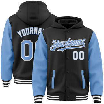 Custom Black Light Blue-White Bomber Full-Snap Varsity Letterman Two Tone Hoodie Jacket