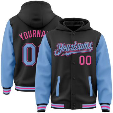 Custom Black Light Blue-Pink Bomber Full-Snap Varsity Letterman Two Tone Hoodie Jacket