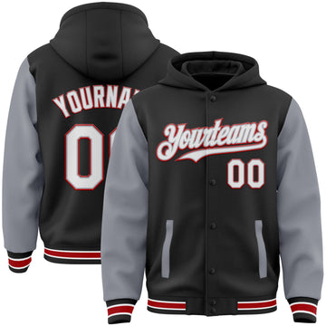 Custom Black Gray-Red Bomber Full-Snap Varsity Letterman Two Tone Hoodie Jacket