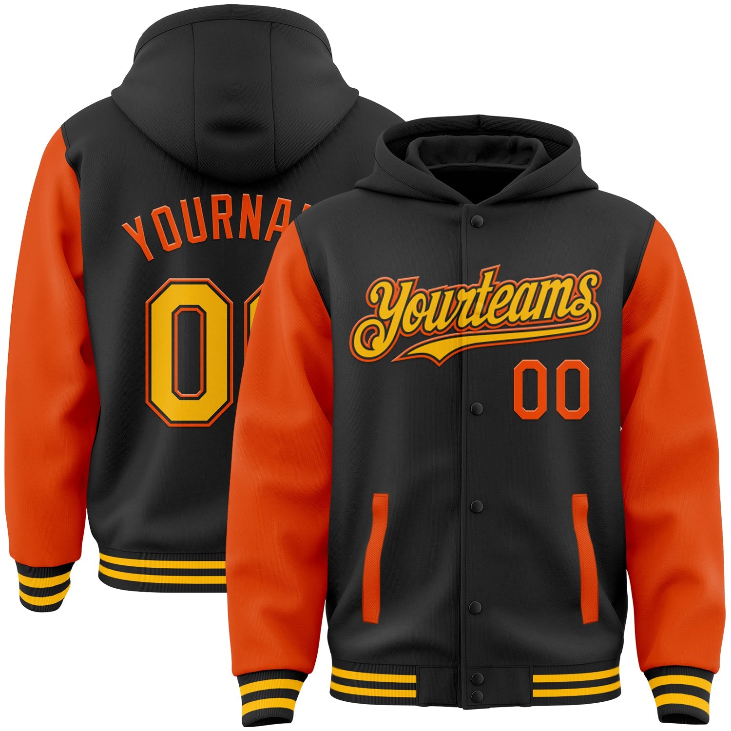 Custom Black Gold-Orange Bomber Full-Snap Varsity Letterman Two Tone Hoodie Jacket