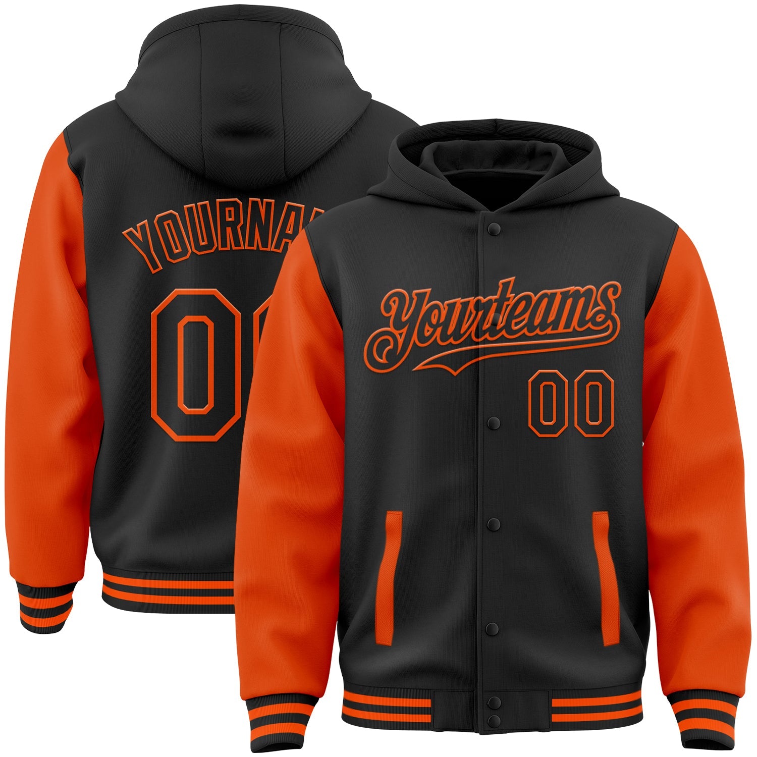 Custom Black Orange Bomber Full-Snap Varsity Letterman Two Tone Hoodie Jacket