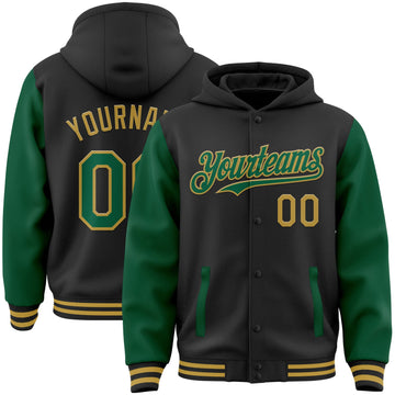 Custom Black Kelly Green-Old Gold Bomber Full-Snap Varsity Letterman Two Tone Hoodie Jacket