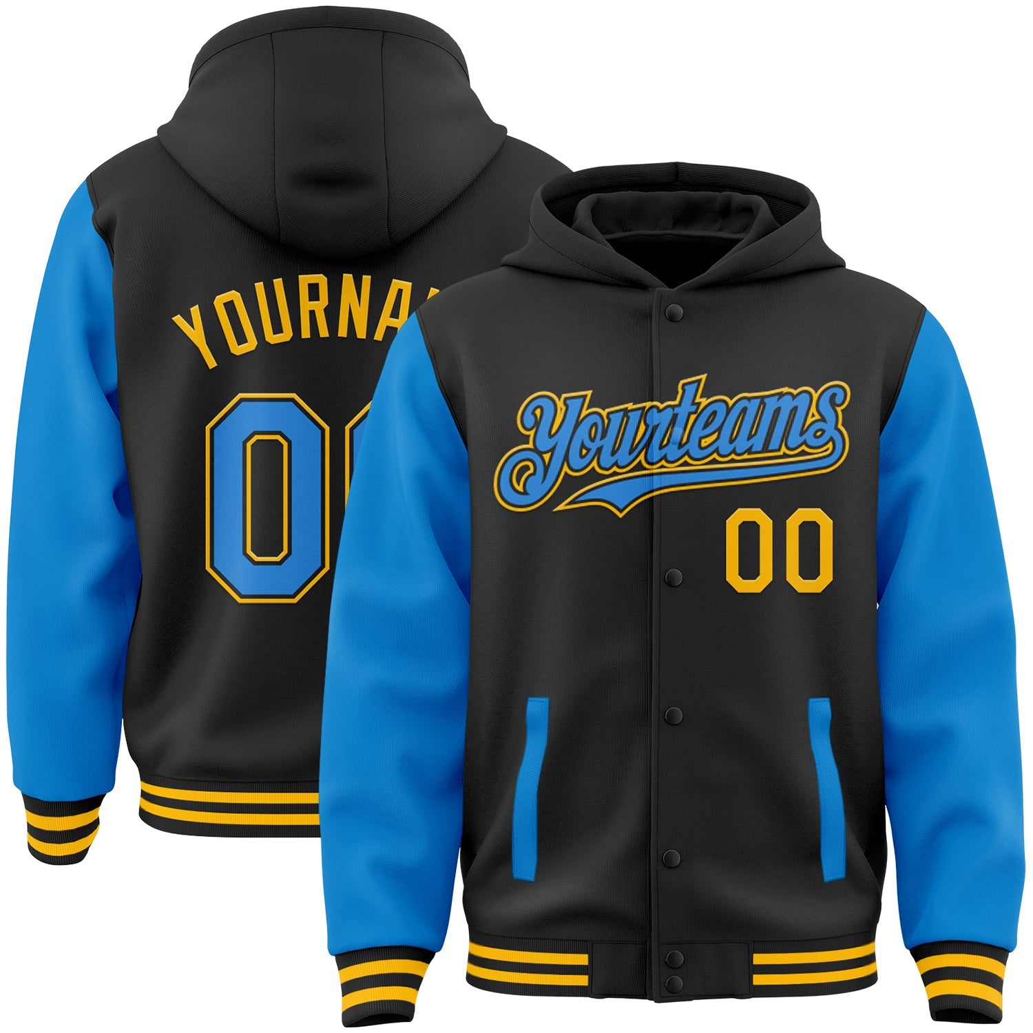 Custom Black Electric Blue-Gold Bomber Full-Snap Varsity Letterman Two Tone Hoodie Jacket