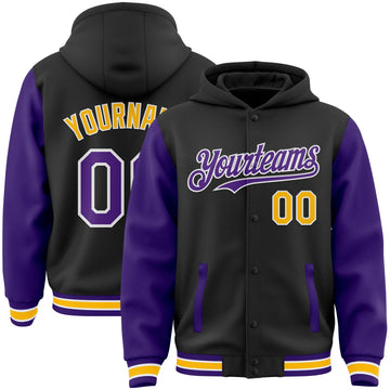 Custom Black Purple-Gold Bomber Full-Snap Varsity Letterman Two Tone Hoodie Jacket