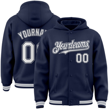 Custom Navy White-Gray Bomber Full-Snap Varsity Letterman Hoodie Jacket