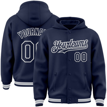 Custom Navy White-Gray Bomber Full-Snap Varsity Letterman Hoodie Jacket