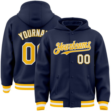 Custom Navy Gold-White Bomber Full-Snap Varsity Letterman Hoodie Jacket