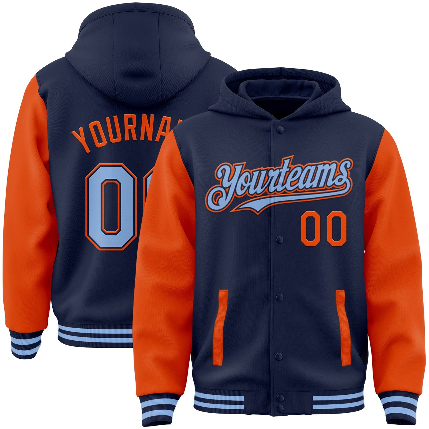 Custom Navy Light Blue-Orange Bomber Full-Snap Varsity Letterman Two Tone Hoodie Jacket