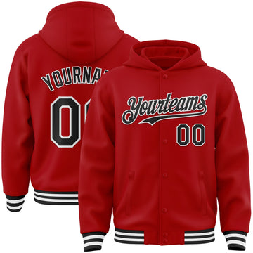 Custom Red Black-White Bomber Full-Snap Varsity Letterman Hoodie Jacket