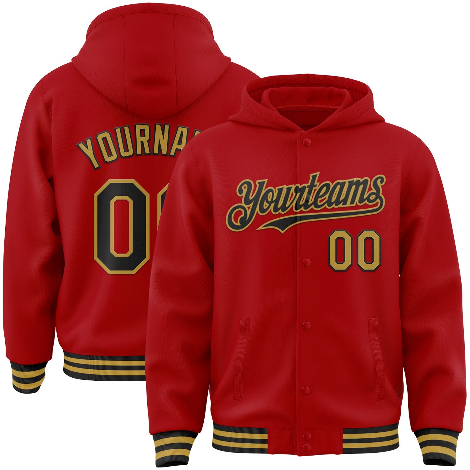 Custom Red Black-Old Gold Bomber Full-Snap Varsity Letterman Hoodie Jacket