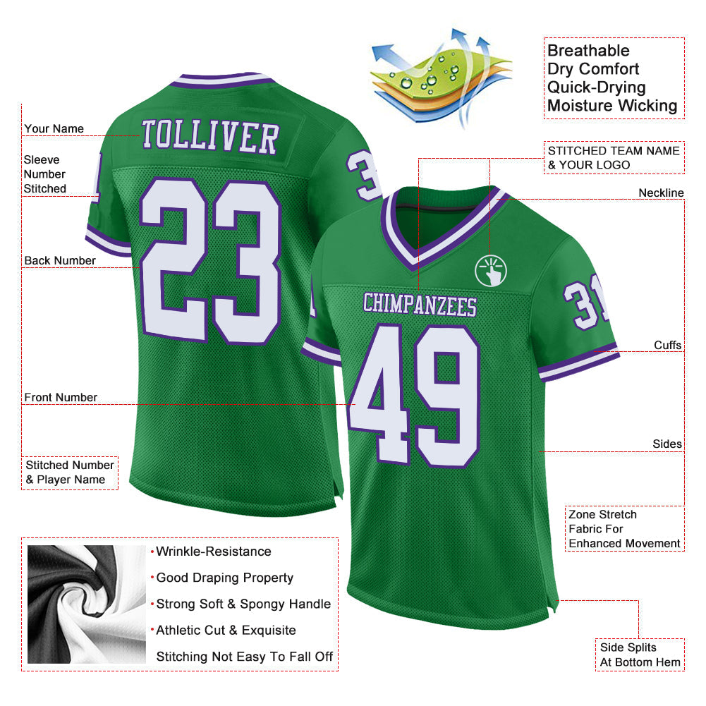 Custom Grass Green White-Purple Mesh Authentic Throwback Football Jersey