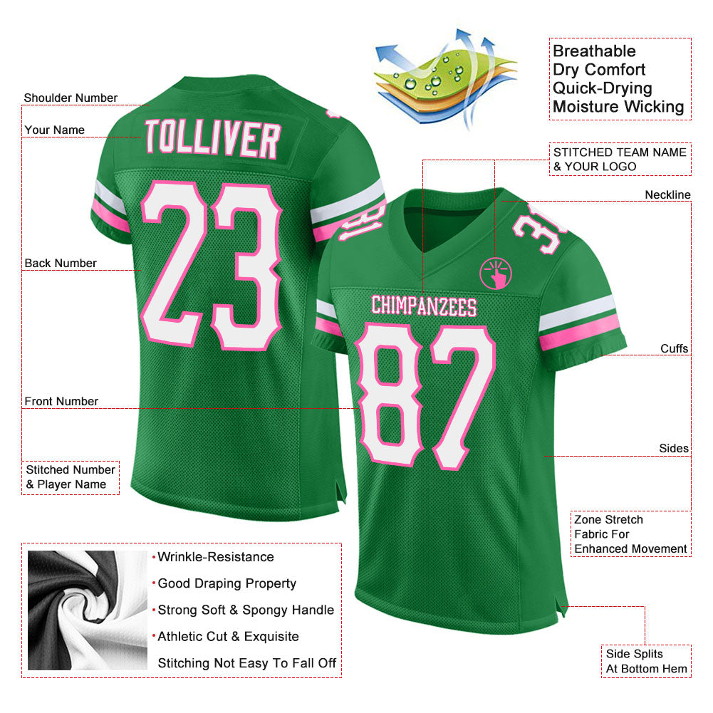 Custom Grass Green White-Pink Mesh Authentic Football Jersey