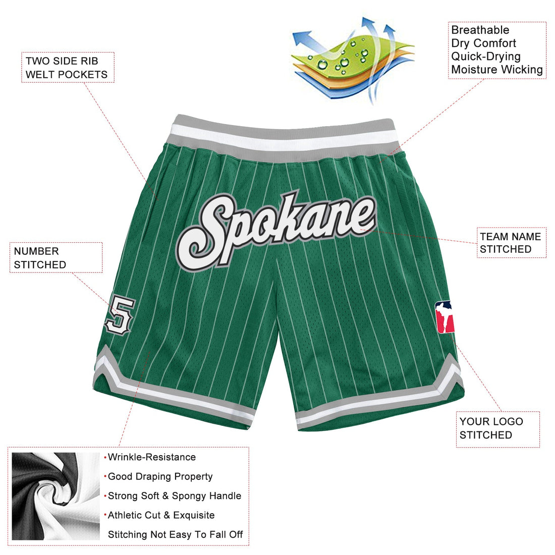 Custom Kelly Green White Pinstripe White-Gray Authentic Basketball Shorts