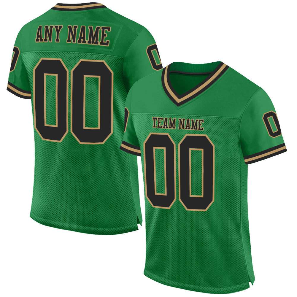 Custom Grass Green Black-Old Gold Mesh Authentic Throwback Football Jersey